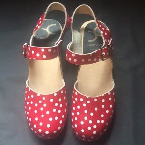 Red polka dot Cape Clogs